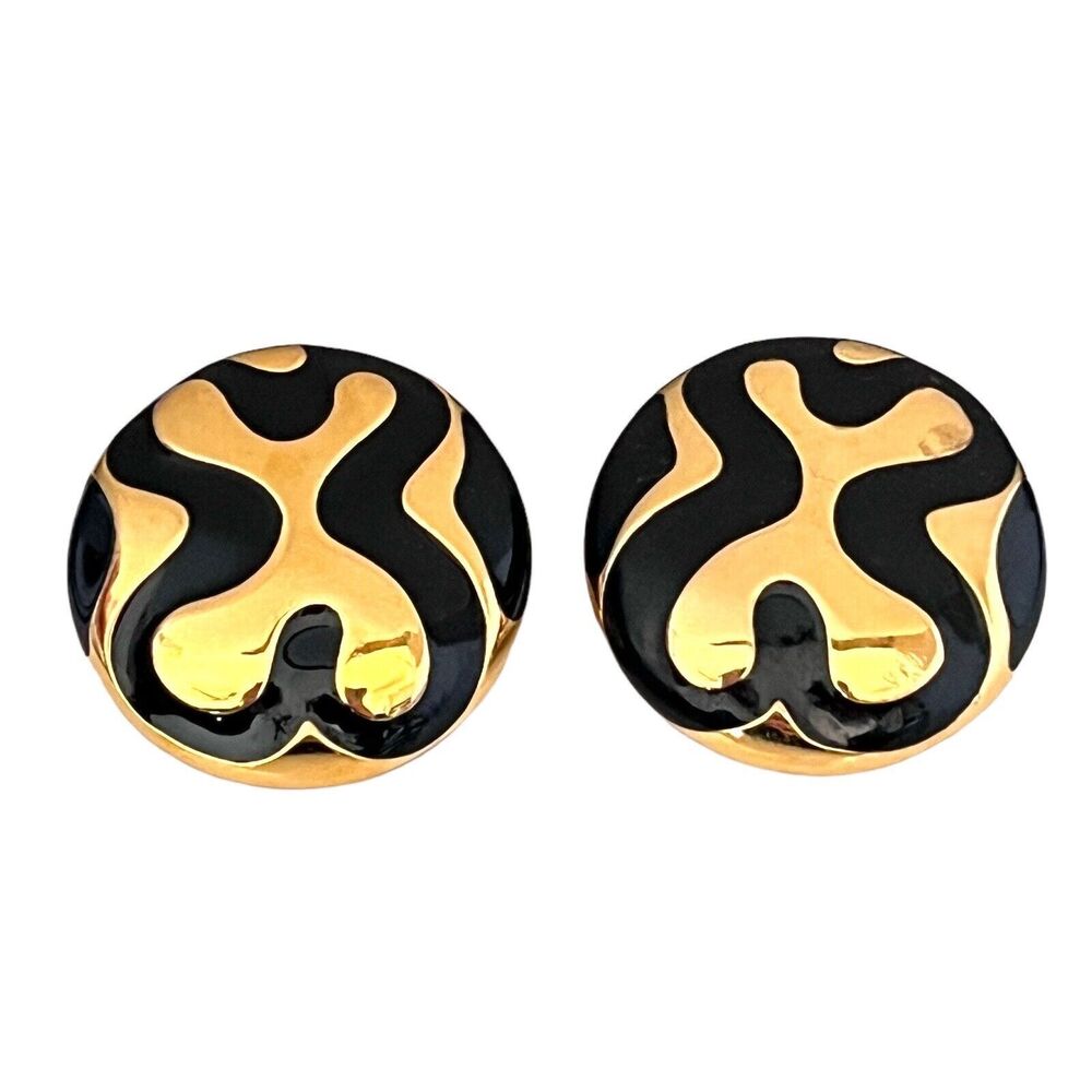 Vintage 1980s Monet Earrings Black Enamel Gold Tone Pierced - 2H